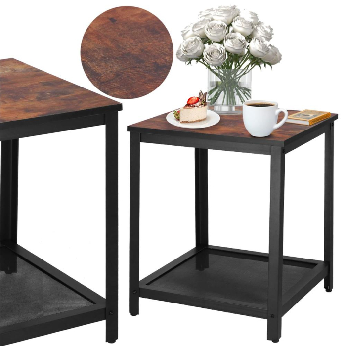 Masa de cafea patrata, noptiera cu cadru otel si polita de depozitare, 45x45x55 cm, maro rustic [5]