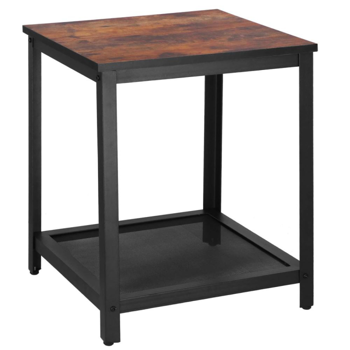Masa de cafea patrata, noptiera cu cadru otel si polita de depozitare, 45x45x55 cm, maro rustic [7]