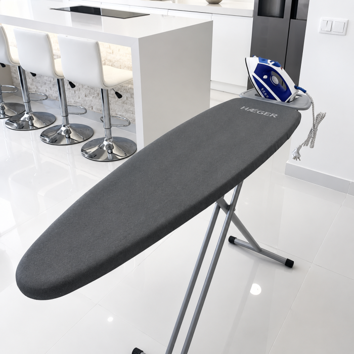 Masa de calcat HAEGER HOME, Inaltime reglabila la 90cm, suprafata de lucru 116x35 cm, blat plasa metalica, suport pentru fierul de calcat, husa bumbac, Gri [3]