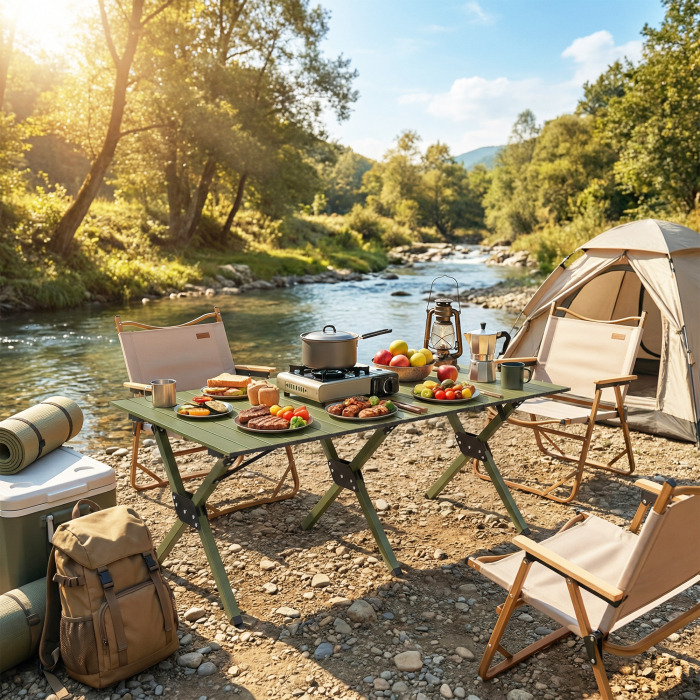  Masa de Camping Pliabila 116 cm, Masa de Picnic Rezistenta la Apa cu Suprafata Rulabila si Cadru Metalic, Verde [8]