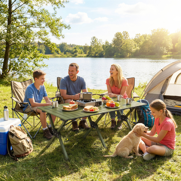  Masa de Camping Pliabila 116 cm, Masa de Picnic Rezistenta la Apa cu Suprafata Rulabila si Cadru Metalic, Verde [2]