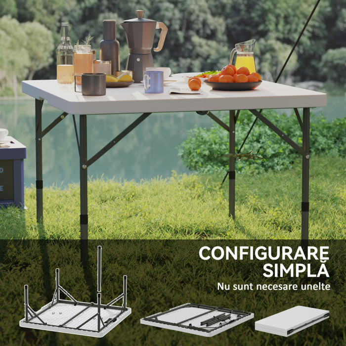  Masa de Camping Pliabila cu 2 inaltimi Reglabile, din HDPE si Metal, 86x86x74 cm, Alb [7]