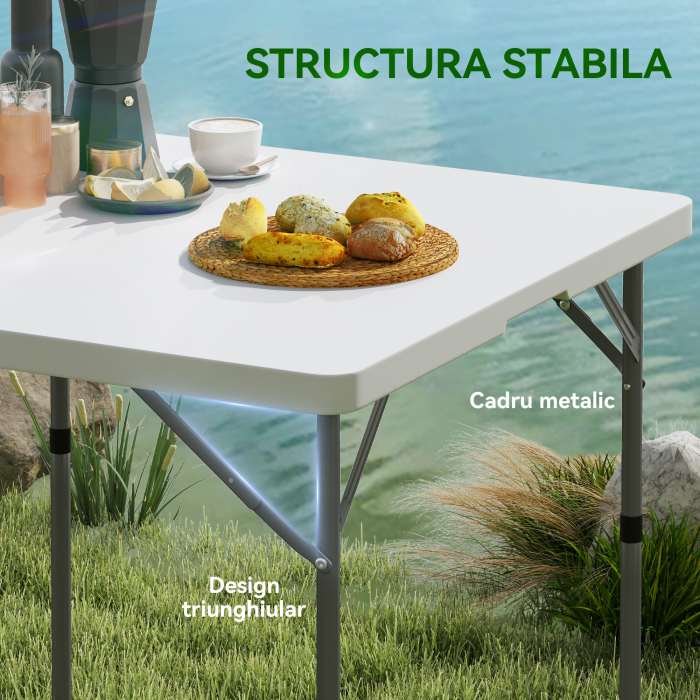  Masa de Camping Pliabila cu 2 inaltimi Reglabile, din HDPE si Metal, 86x86x74 cm, Alb [5]