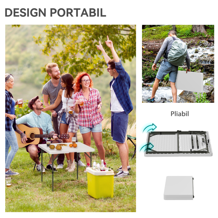  Masa de Camping Pliabila cu 2 inaltimi Reglabile, din HDPE si Metal, 86x86x74 cm, Alb [4]