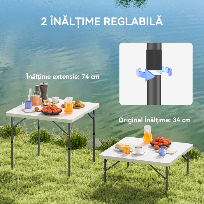  Masa de Camping Pliabila cu 2 inaltimi Reglabile, din HDPE si Metal, 86x86x74 cm, Alb [6]