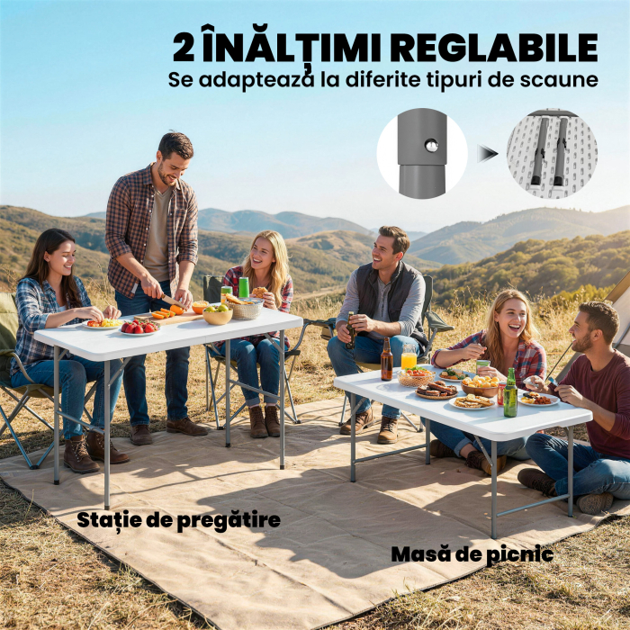  Masa de Camping Pliabila cu 2 inaltimi si Maner, din HDPE, 120x60x74 cm, Alb [6]