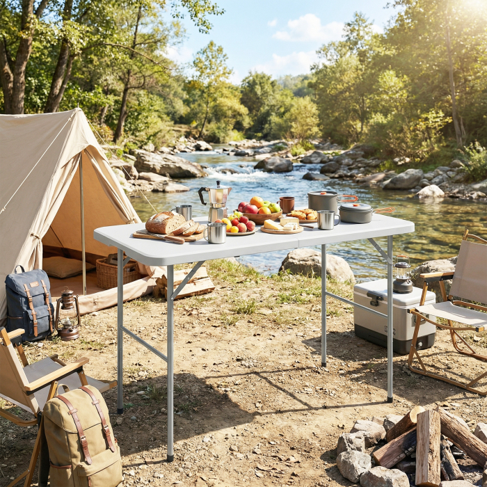  Masa de Camping Pliabila cu 2 inaltimi si Maner, din HDPE, 120x60x74 cm, Alb [8]