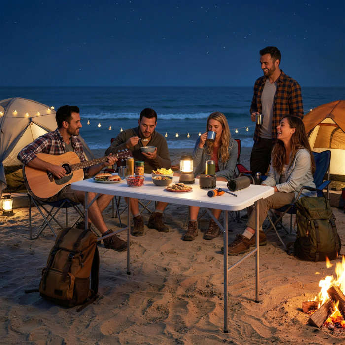  Masa de Camping Pliabila cu 2 inaltimi si Maner, din HDPE, 120x60x74 cm, Alb [9]