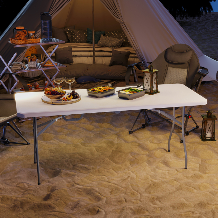  Masa de Camping Pliabila cu Maner, Cadru Metalic si Blat din Plastic, 180x74x74 cm, Alb [8]