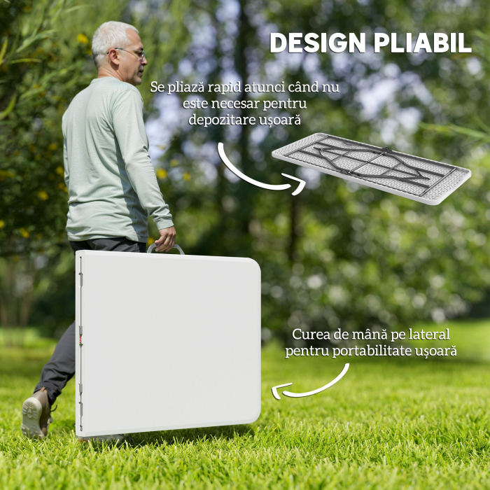  Masa de Camping Pliabila cu Maner, Cadru Metalic si Blat din Plastic, 180x74x74 cm, Alb [4]