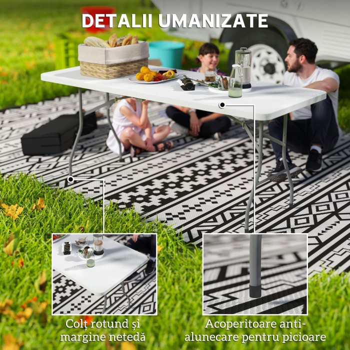  Masa de Camping Pliabila cu Maner, Cadru Metalic si Blat din Plastic, 180x74x74 cm, Alb [6]