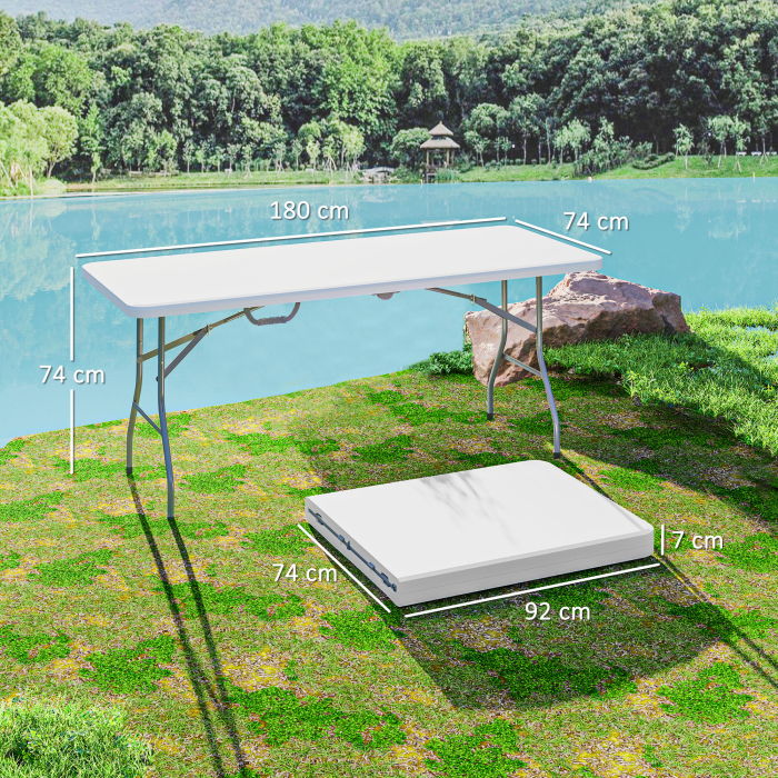  Masa de Camping Pliabila cu Maner, Cadru Metalic si Blat din Plastic, 180x74x74 cm, Alb [3]