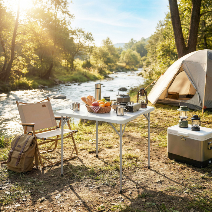  Masa de Camping Pliabila Patrata, din Metal si HDPE, 86x86x74 cm, Alb [8]