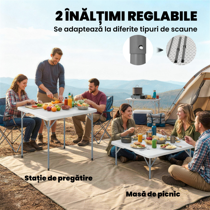  Masa de Camping Pliabila Patrata, din Metal si HDPE, 86x86x74 cm, Alb [6]