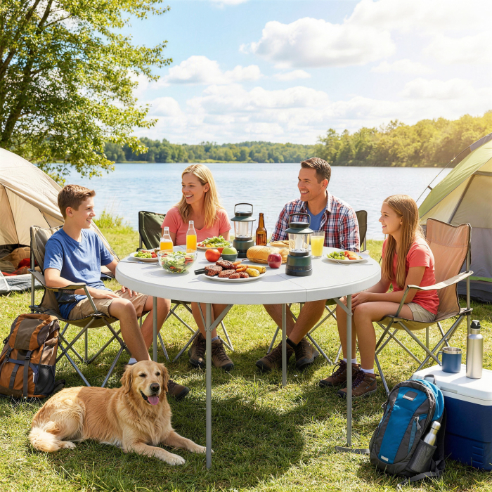  Masa de Camping Rotunda Pliabila, din Metal si HDPE, 120x120x74 cm, Alb [2]