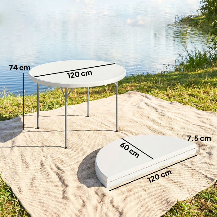  Masa de Camping Rotunda Pliabila, din Metal si HDPE, 120x120x74 cm, Alb [3]
