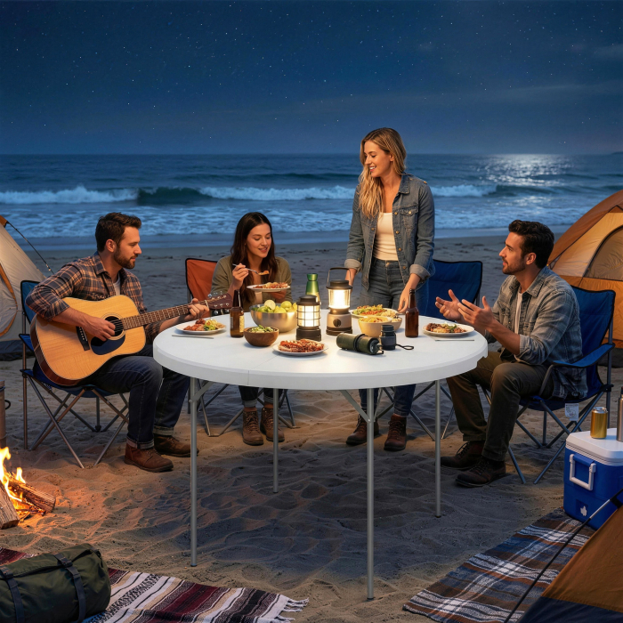  Masa de Camping Rotunda Pliabila, din Metal si HDPE, 120x120x74 cm, Alb [9]