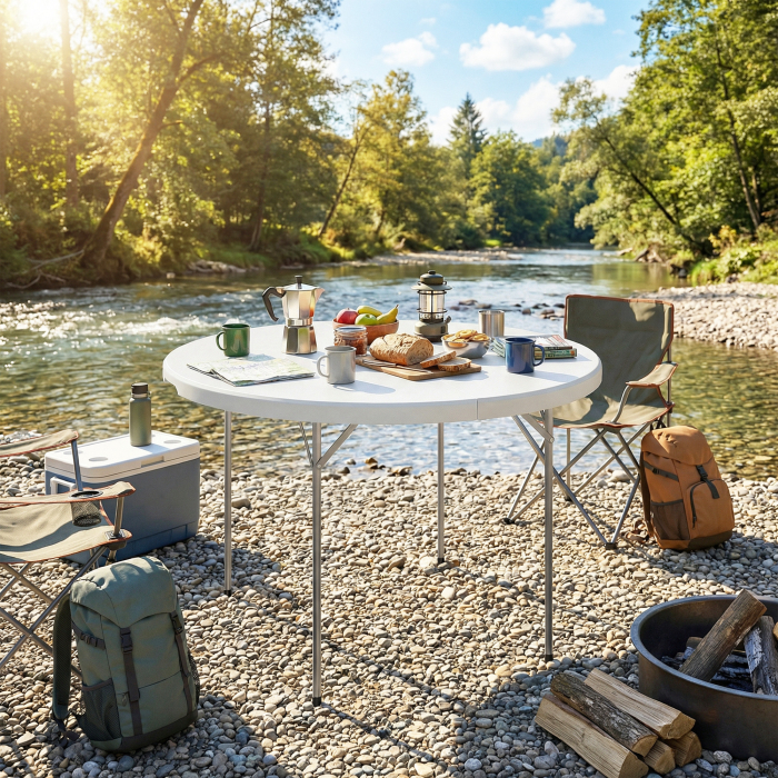  Masa de Camping Rotunda Pliabila, din Metal si HDPE, 120x120x74 cm, Alb [8]