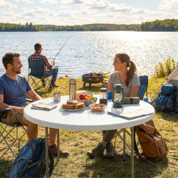  Masa de Camping Rotunda Pliabila, din Metal si HDPE, 120x120x74 cm, Alb [7]