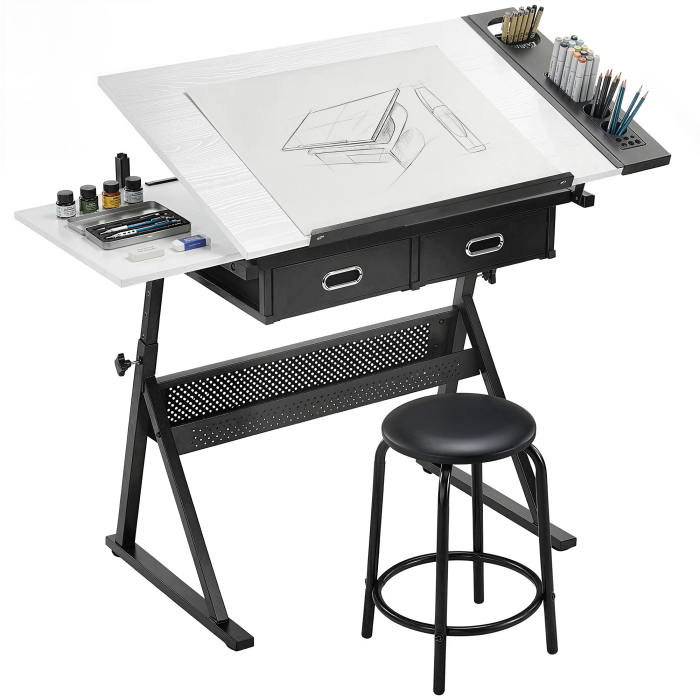  Masa de desen cu taburet si 2 sertare, inaltime reglabila, blat inclinabil 0° à 60°, 120 x 60 x 68-92 cm, alb [6]