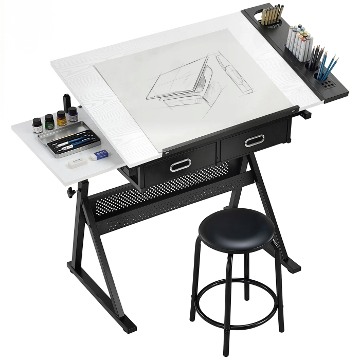  Masa de desen cu taburet si 2 sertare, inaltime reglabila, blat inclinabil 0° à 60°, 120 x 60 x 68-92 cm, alb [5]