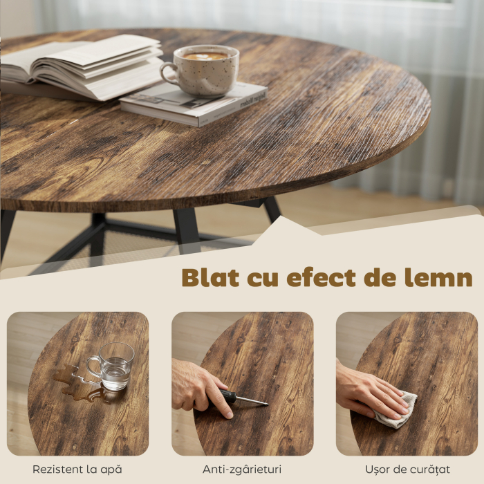  Masa de dining 4 locuri, 100 cm rotunda, bucatarie industriala, polita de depozitare, maro rustic. [6]