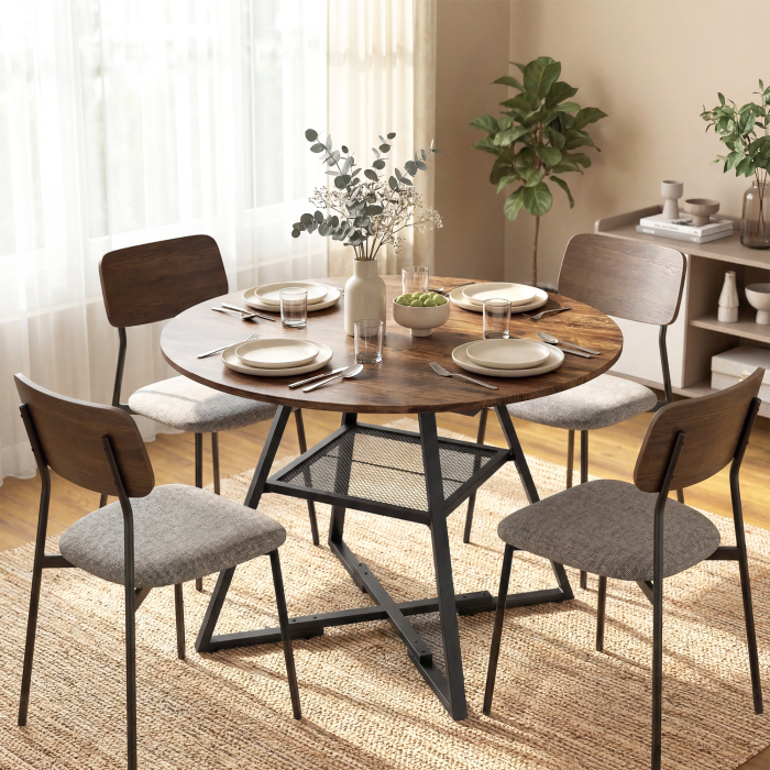  Masa de dining 4 locuri, 100 cm rotunda, bucatarie industriala, polita de depozitare, maro rustic. [2]