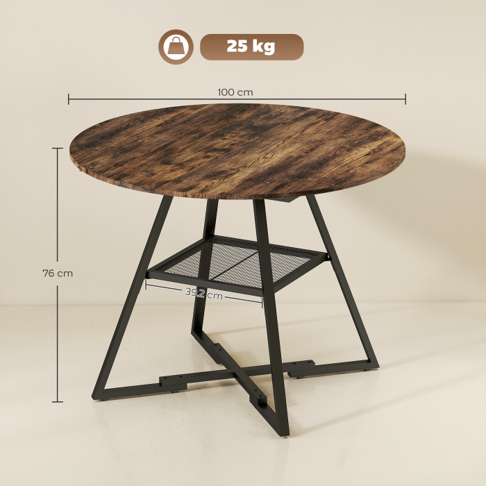 Masa de dining 4 locuri, 100 cm rotunda, bucatarie industriala, polita de depozitare, maro rustic. [3]