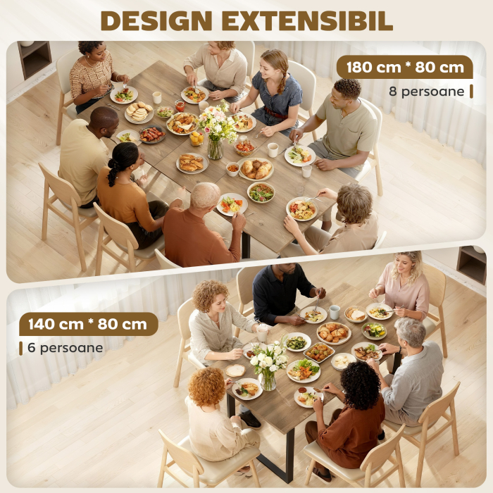  Masa de Dining Extensibila pentru 6-8 Persoane cu Panouri Ascunse, Masa Extensibila Dreptunghiulara cu Baza din Otel, Stil Industrial, pentru Sufragerie, Culoare Lemn [4]