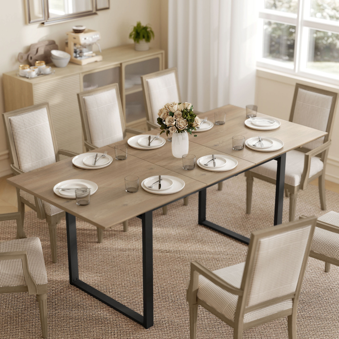  Masa de Dining Extensibila pentru 6-8 Persoane cu Panouri Ascunse, Masa Extensibila Dreptunghiulara cu Baza din Otel, Stil Industrial, pentru Sufragerie, Culoare Lemn [2]