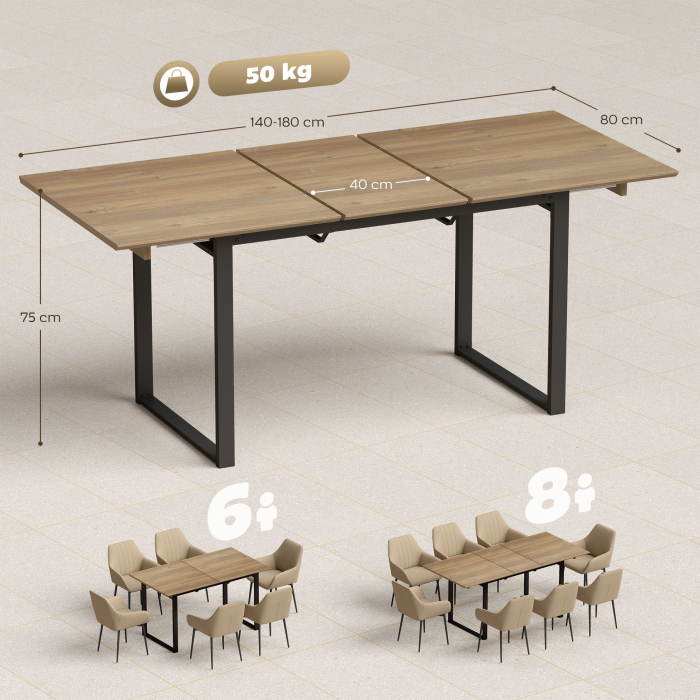  Masa de Dining Extensibila pentru 6-8 Persoane cu Panouri Ascunse, Masa Extensibila Dreptunghiulara cu Baza din Otel, Stil Industrial, pentru Sufragerie, Culoare Lemn [3]