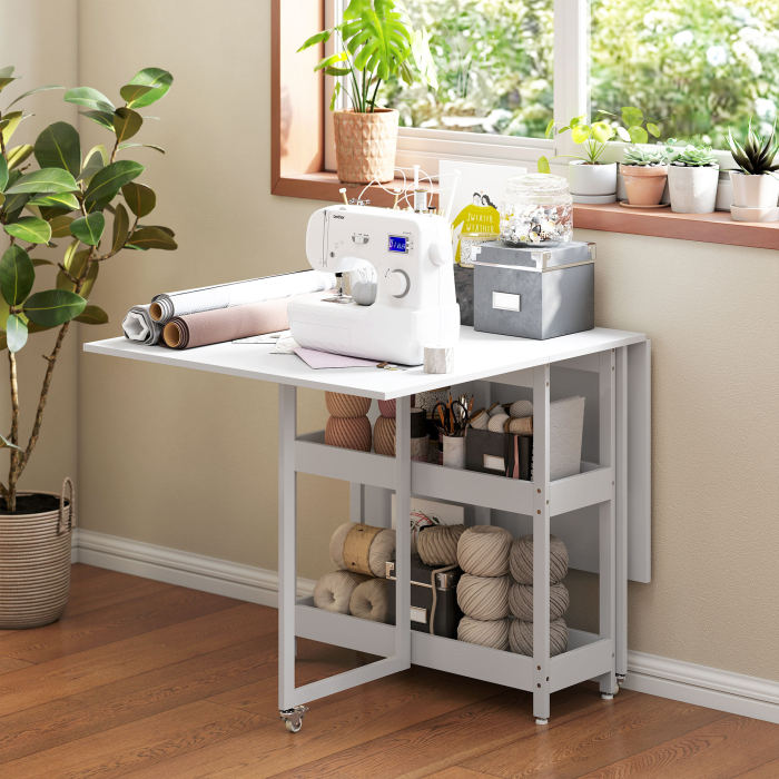, Masa de Dining Pliabila, Cu 2 Rafturi Deschise, PAL, Metal, 133.4cm x 80cm x 75cm, Alb [8]