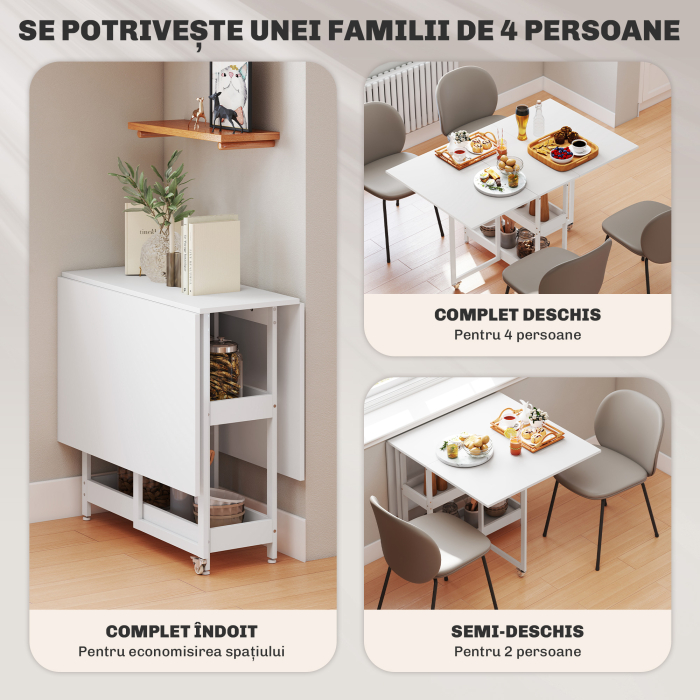 , Masa de Dining Pliabila, Cu 2 Rafturi Deschise, PAL, Metal, 133.4cm x 80cm x 75cm, Alb [4]