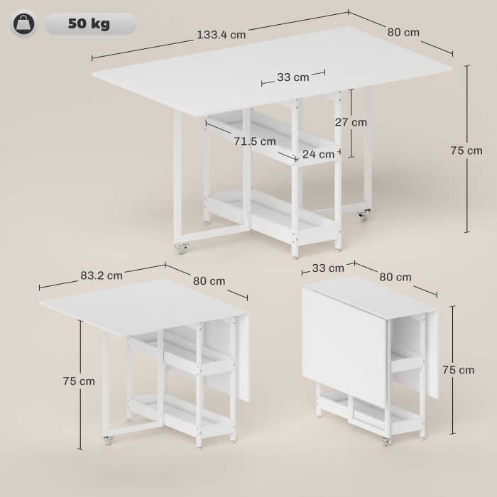 , Masa de Dining Pliabila, Cu 2 Rafturi Deschise, PAL, Metal, 133.4cm x 80cm x 75cm, Alb [3]