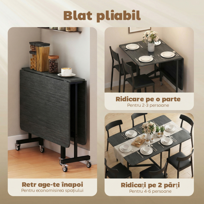 Masa de Dining Pliabila, Masa de Bucatarie Rabatabila cu Roti si Frane pentru 4-6 Persoane, Masa Compacta cu Structura din Otel, 120x80x73 cm, Negru cu Efect de Lemn [5]