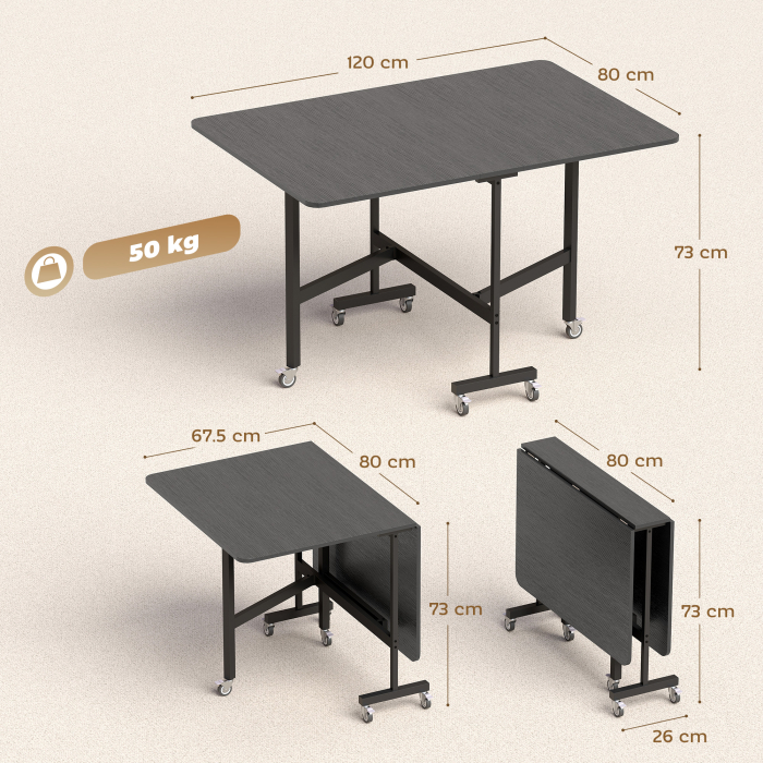  Masa de Dining Pliabila, Masa de Bucatarie Rabatabila cu Roti si Frane pentru 4-6 Persoane, Masa Compacta cu Structura din Otel, 120x80x73 cm, Negru cu Efect de Lemn [3]