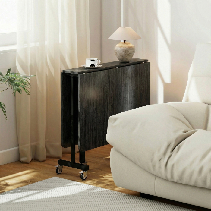  Masa de Dining Pliabila, Masa de Bucatarie Rabatabila cu Roti si Frane pentru 4-6 Persoane, Masa Compacta cu Structura din Otel, 120x80x73 cm, Negru cu Efect de Lemn [9]