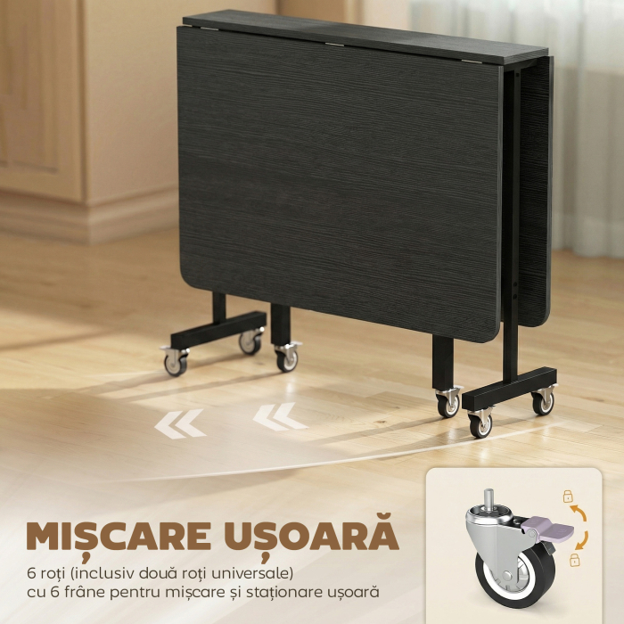  Masa de Dining Pliabila, Masa de Bucatarie Rabatabila cu Roti si Frane pentru 4-6 Persoane, Masa Compacta cu Structura din Otel, 120x80x73 cm, Negru cu Efect de Lemn [6]
