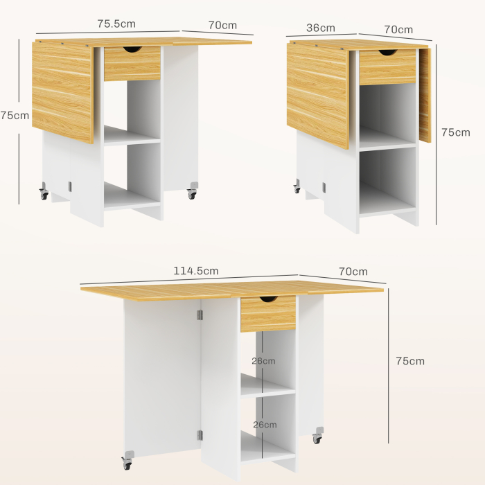  Masa de dining pliabila pentru 2-4 persoane cu 2 extensii, sertar si rafturi, stejar [3]