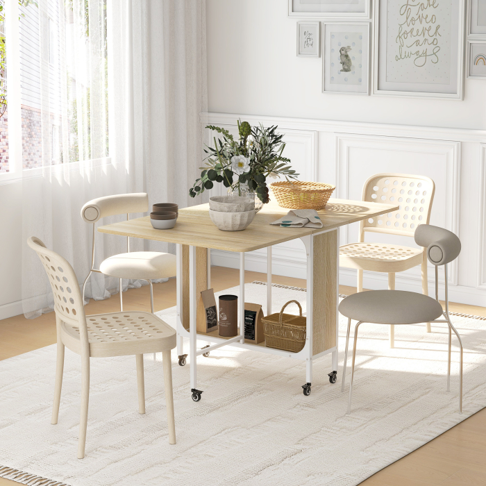  Masa de Dining Pliabila pentru 6 Persoane, cu Raft, din Lemn si Metal, 130x80x74 cm, Alb si Culoare Lemn [2]