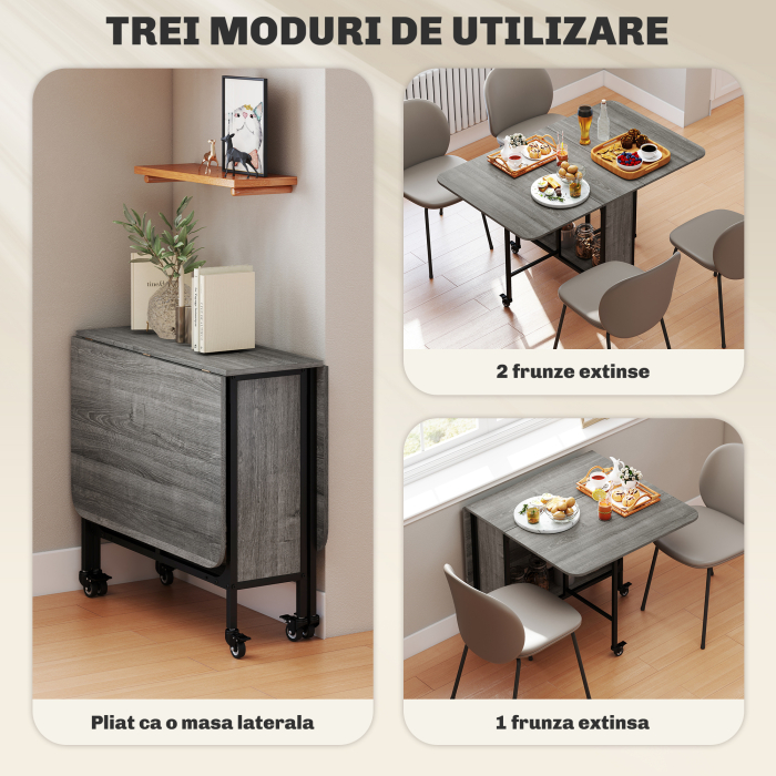 Masa de dining pliabila pentru maximum 6 persoane, cu raft, din lemn si metal, 130x80x74 cm, gri [4]