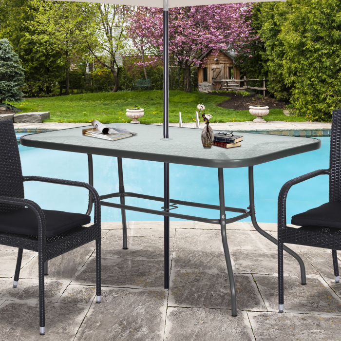  Masa de Exterior din Metal si Sticla Temperata cu Orificiu pentru Umbrela 140x80x70cm [2]