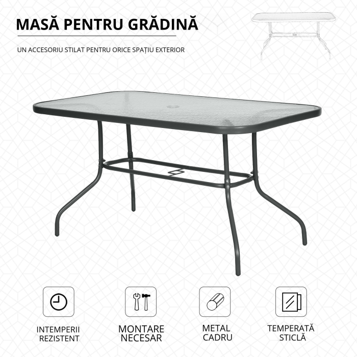  Masa de Exterior din Metal si Sticla Temperata cu Orificiu pentru Umbrela 140x80x70cm [4]