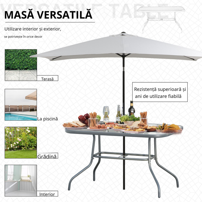  Masa de Exterior din Metal si Sticla Temperata cu Orificiu pentru Umbrela 140x80x70cm [6]