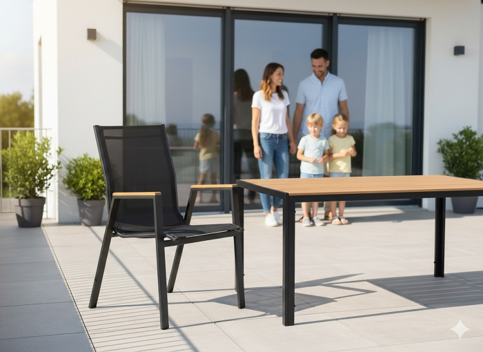 Masa de gradina, cadru otel, blat polywood cu aspect lemn, 150x90x73 cm, negru si maro natur [10]