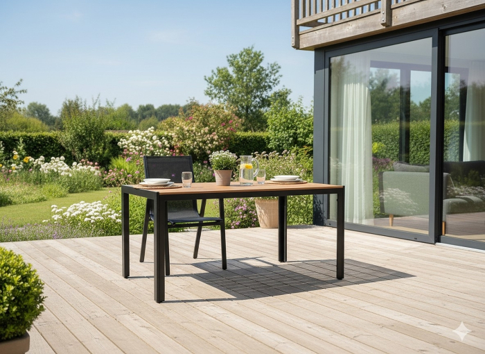 Masa de gradina, cadru otel, blat polywood cu aspect lemn, 150x90x73 cm, negru si maro natur [8]