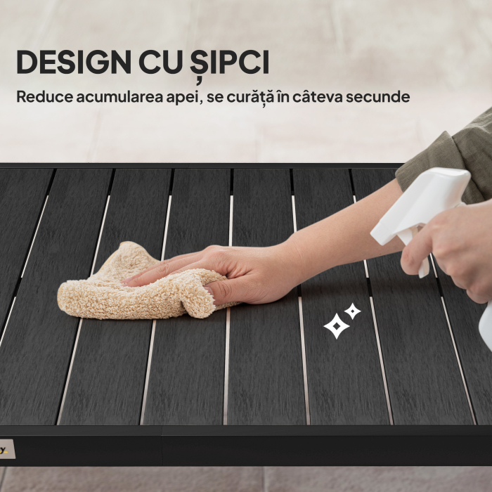  Masa de Gradina cu Blat cu Aspect de Lemn 190x90 cm pentru 8 Persoane, Masa de Luat Masa de Exterior Dreptunghiulara din Aluminiu si Plastic, pentru Terasa, Balcon, Negru [5]