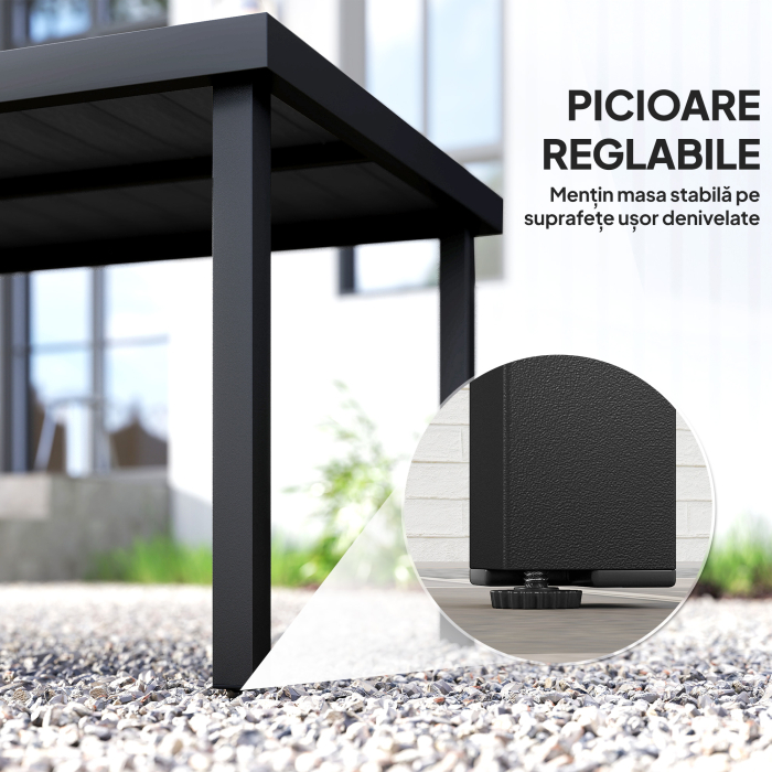  Masa de Gradina cu Blat cu Aspect de Lemn 190x90 cm pentru 8 Persoane, Masa de Luat Masa de Exterior Dreptunghiulara din Aluminiu si Plastic, pentru Terasa, Balcon, Negru [7]