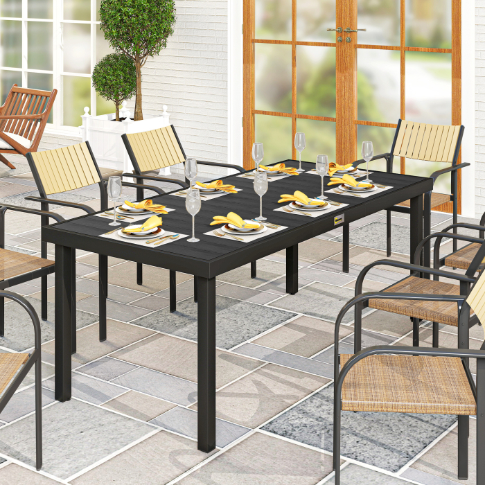  Masa de Gradina cu Blat cu Aspect de Lemn 190x90 cm pentru 8 Persoane, Masa de Luat Masa de Exterior Dreptunghiulara din Aluminiu si Plastic, pentru Terasa, Balcon, Negru [2]