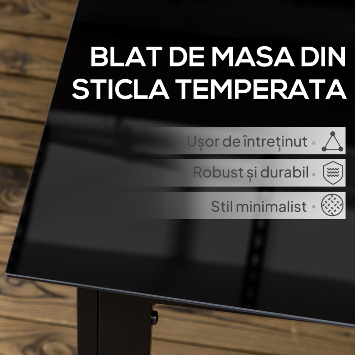  Masa de Gradina cu Blat din Sticla Securizata 150x90 cm pentru 6 Persoane, Masa de Luat Pranzul pentru Exterior, Dreptunghiulara, din Aluminiu, pentru Terasa, Balcon, Neagra [4]